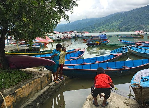 Boys fishing in Lake Fewa, Pokhara