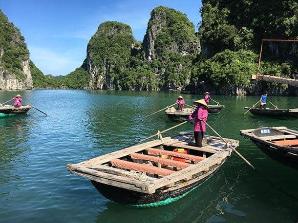 Bamboo boats on Ha Long Bay