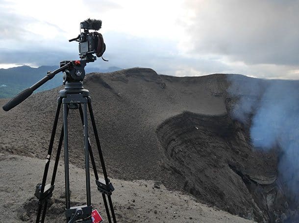 Camera on edge of volcano