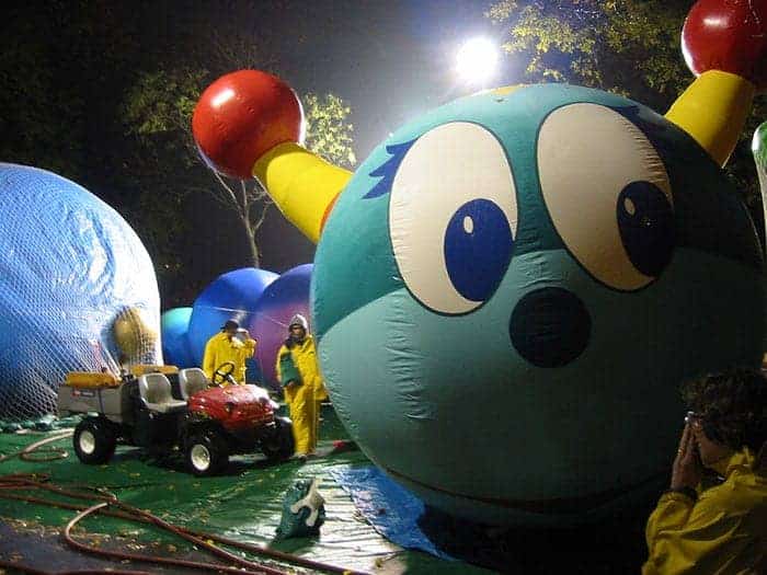Macy's Thanksgiving Day parade balloon inflating NYC