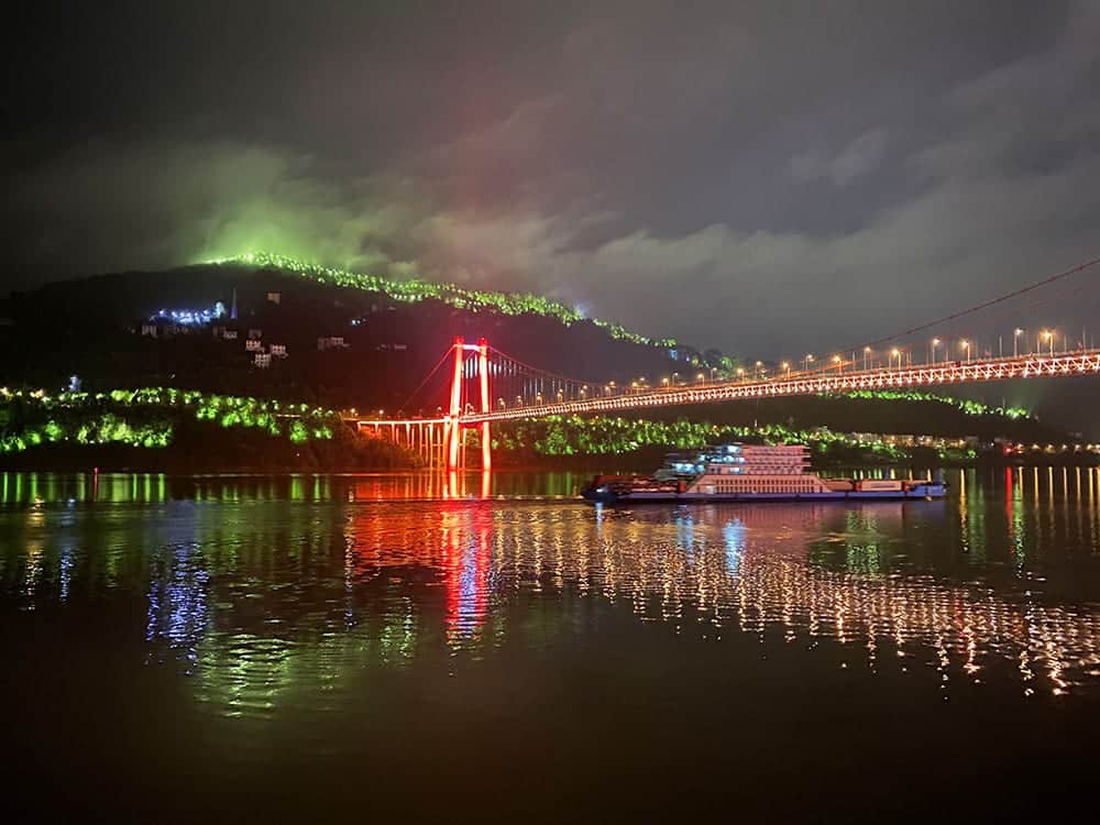 Hillside lighting along Yangtze River. China river cruise.