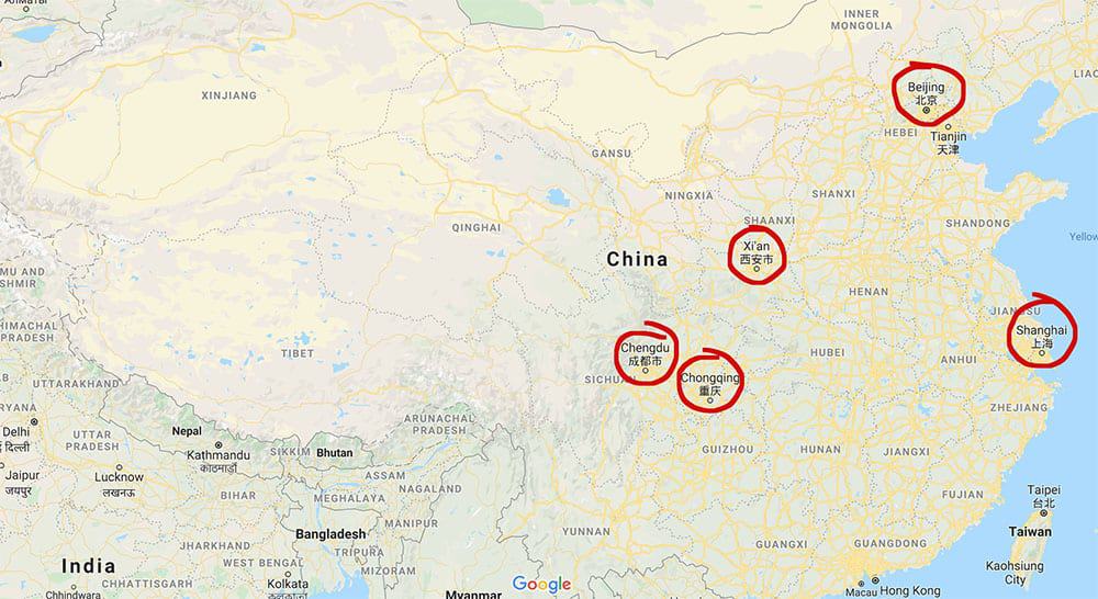 Map of China focusing on Beijing, Xi'an, Shanghai, Chengdu, Chongqing