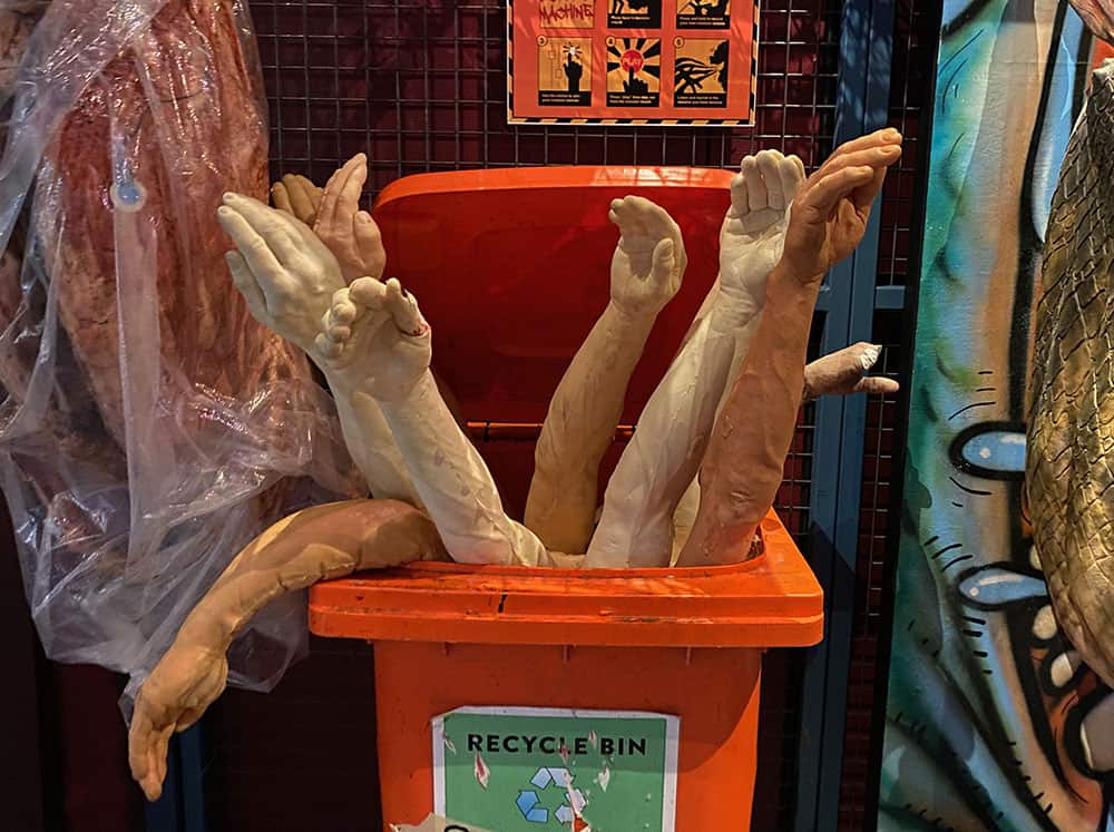 A wheelie bin of limbs at Weta Workshop