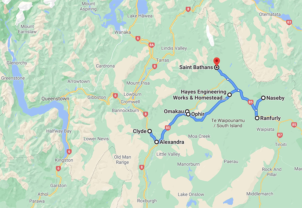 peta mengemudi dari Clyde melalui wilayah Maniototo di Central Otago