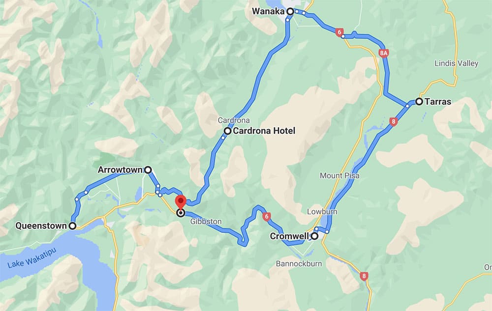 Queenstown to Wanaka to Cromwell map