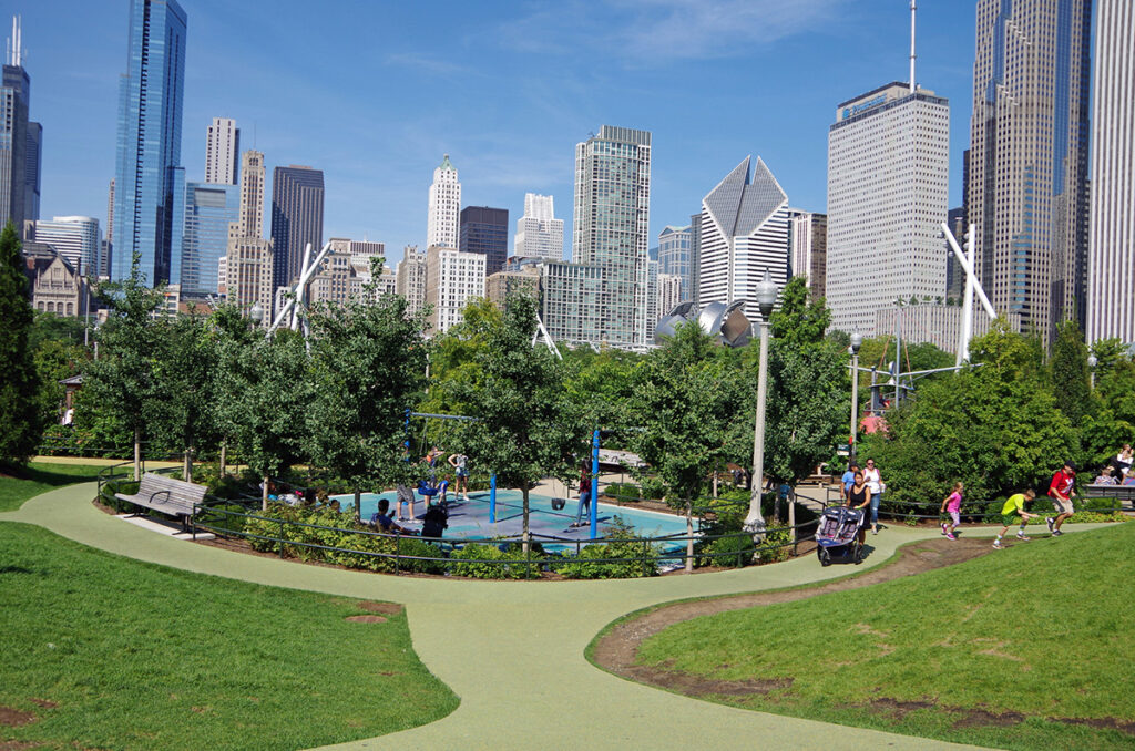 Maggie Daley Park under the Chicago skyline