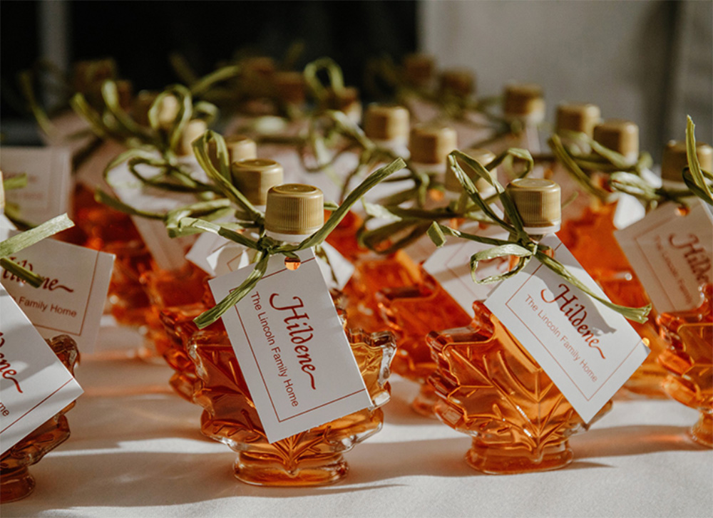 Hildene maple syrup bottles in the shape of maple leaves