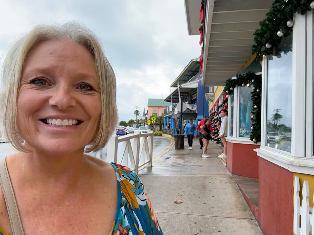 Megan in George Town main street, Cayman Islands