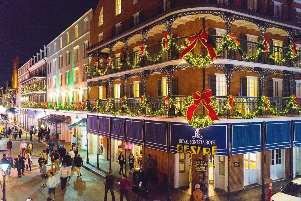 Royal Sonesta corner Bourbon Street, all decorated for Christmas