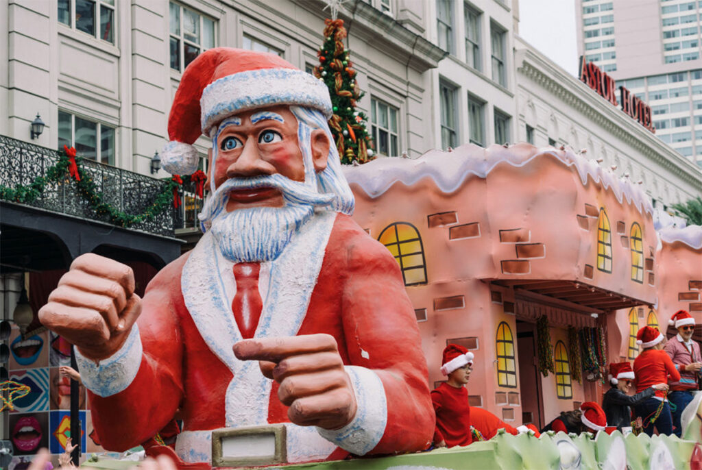 Krewe of the Jingle parade float with Santa