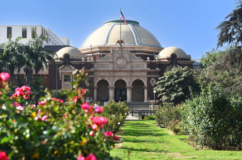 The Natural History Museum and roses at Exposition Park