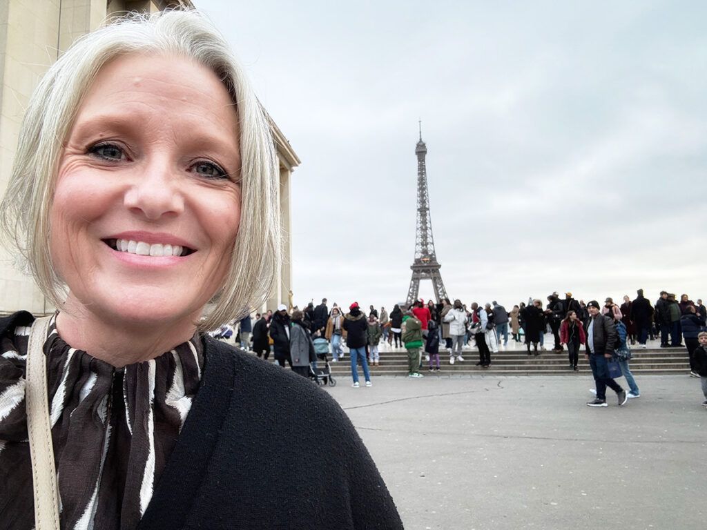 Megan with Eiffel Tower view from the Trocadero