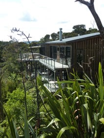 Green leaves of the trees and shrubs surrounding the The Sanctuary at Bay of Islands while it clings to a cliff.