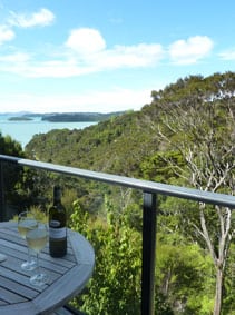 A bottle and two glasses of wine on top of a table outside the balcony while overlooking at the scenic views of nature.