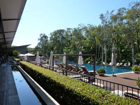 The swimming pool in Byron at Byron with pool lounge chairs, folded umbrellas and green trees nearby.
