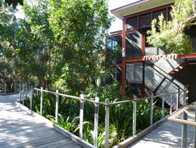 Showing my room in Crystalbrook Byron which is in Rivergum Suites, with wooden walkways and plants near the entrance.